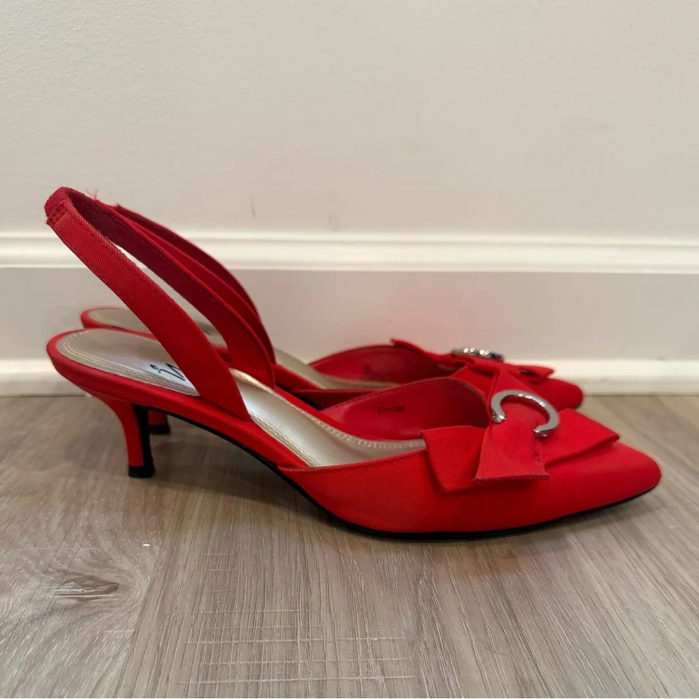 IMPO Red Slingback Kitten Heels w/ Bow & Silver Hardware – Size 8 - Picture 4 of 7
